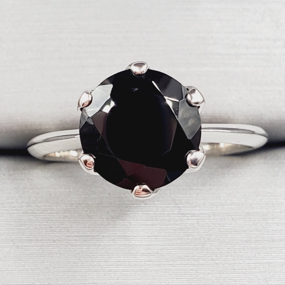 6 Prong Round Black Spinel Solitaire Ring In 925 Sterling Silver